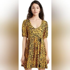 Desigual Women’s Akron Fun Yellow Leopard Print Smock flared mini dress small